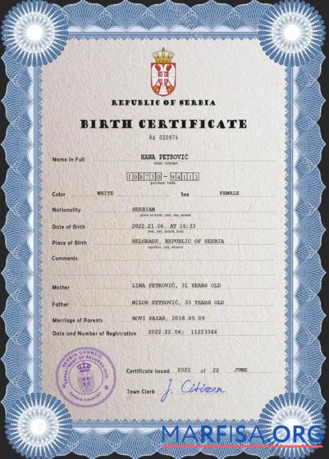 Realistic Serbia vital record birth certificate PSD template